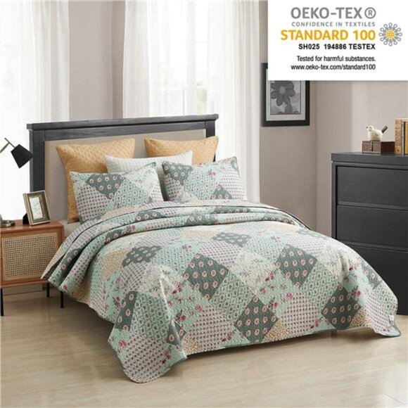 Quilt Set, 3-Piece Quilt Sets with 2 Pillow Shams - Boho Reversible Soft - Picture 2 of 7